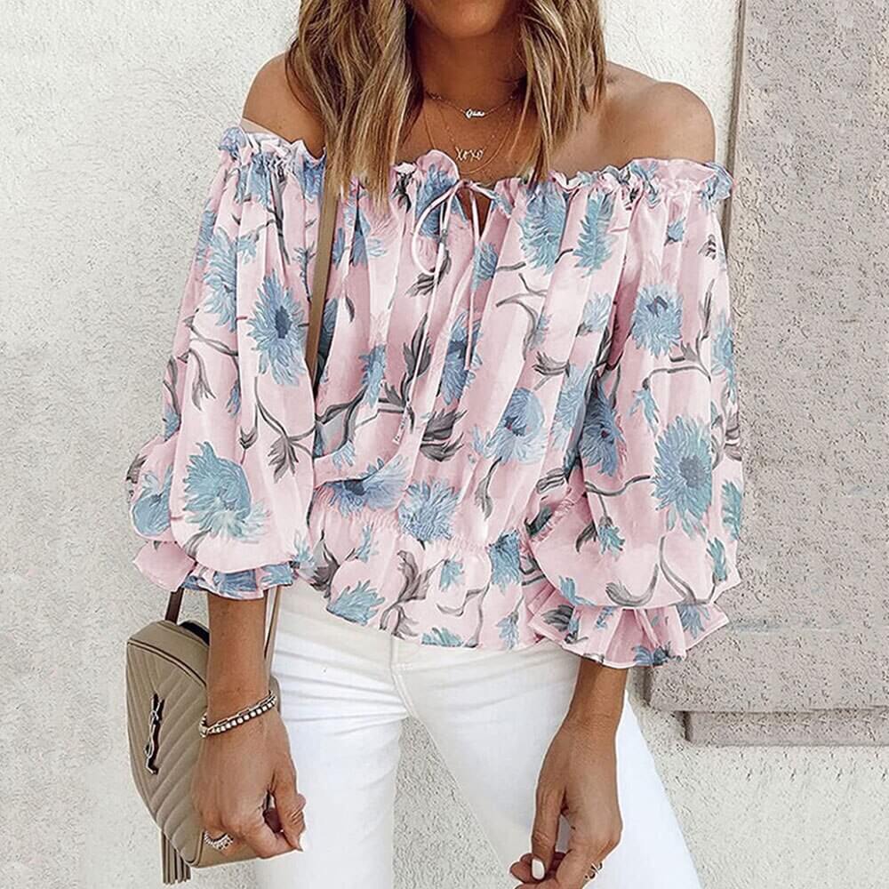 Blomsterbluse med rysjede ermer