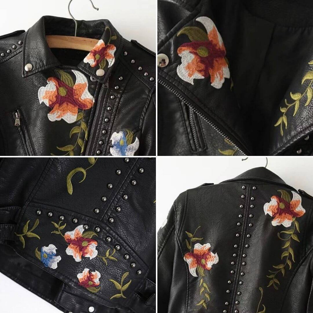 Broderte skinnjakke med blomstertrykk