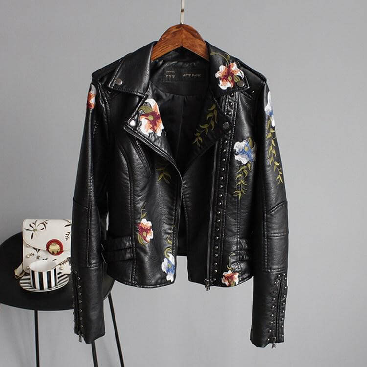 Broderte skinnjakke med blomstertrykk