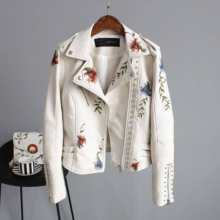 Broderte skinnjakke med blomstertrykk