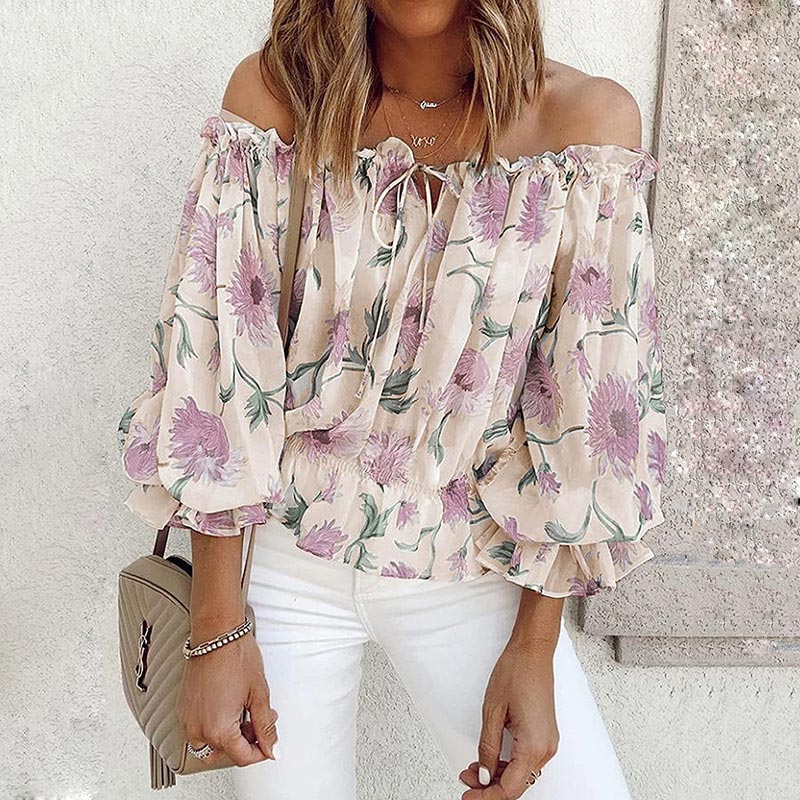Blomsterbluse med rysjede ermer