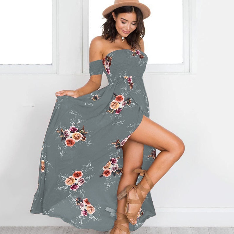 Blomstret off-shoulder omslagskjole i maxi-lengde