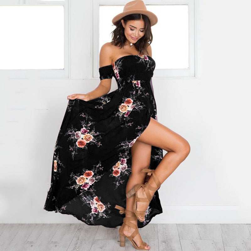 Blomstret off-shoulder omslagskjole i maxi-lengde