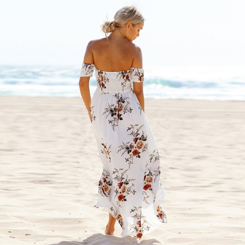 Blomstret off-shoulder omslagskjole i maxi-lengde