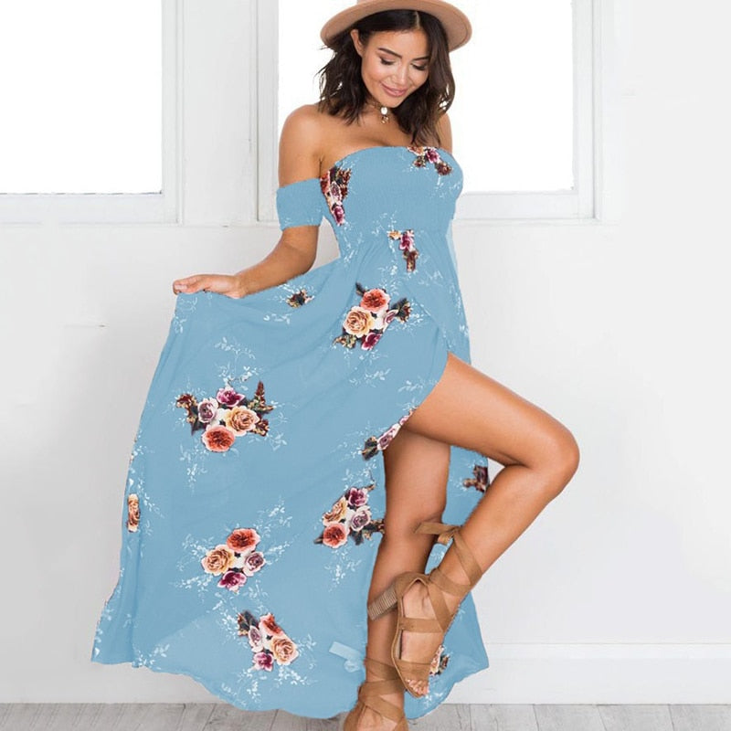 Blomstret off-shoulder omslagskjole i maxi-lengde