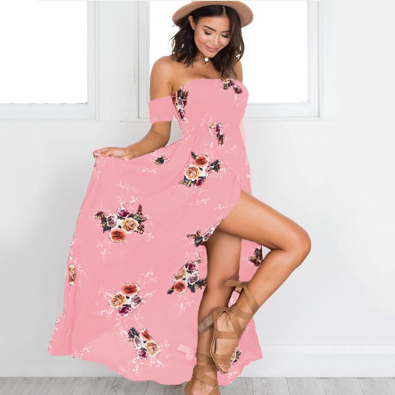 Blomstret off-shoulder omslagskjole i maxi-lengde