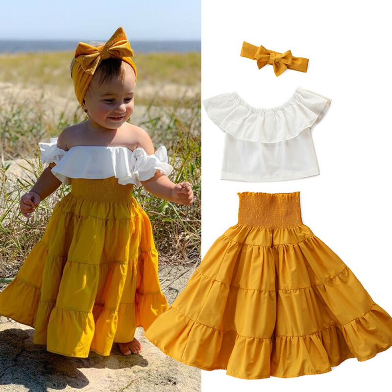 Off-shoulder crop top og skjørtsett med volanger