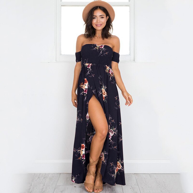 Blomstret off-shoulder omslagskjole i maxi-lengde
