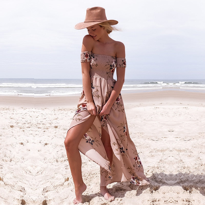 Blomstret off-shoulder omslagskjole i maxi-lengde
