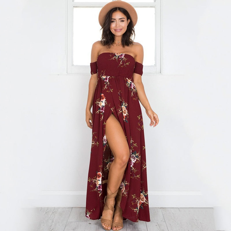 Blomstret off-shoulder omslagskjole i maxi-lengde