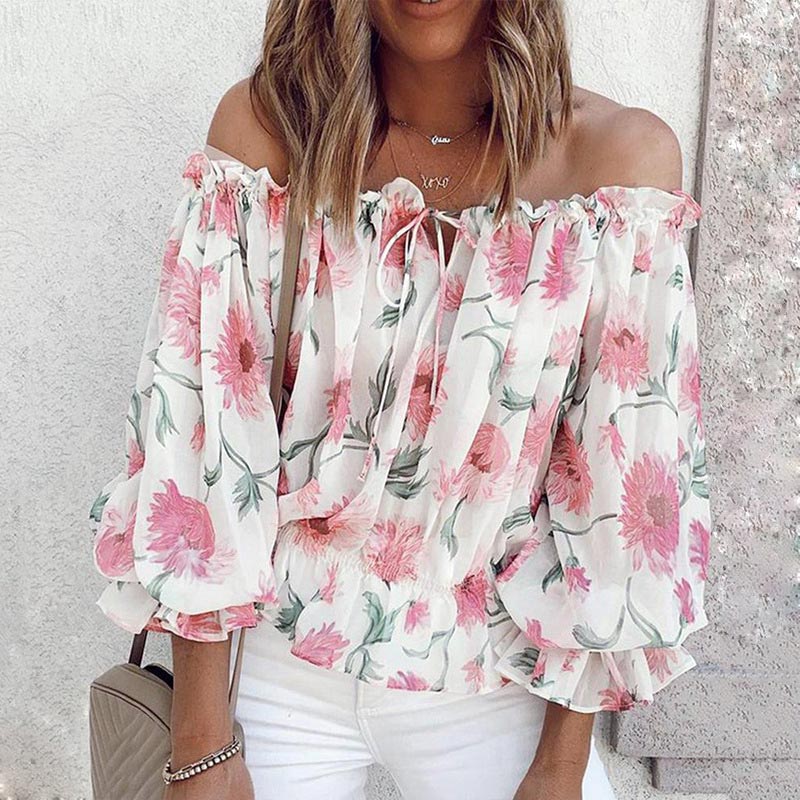 Blomsterbluse med rysjede ermer