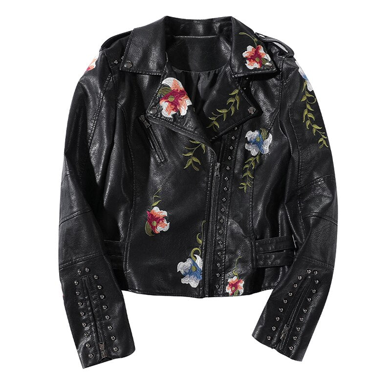Broderte skinnjakke med blomstertrykk