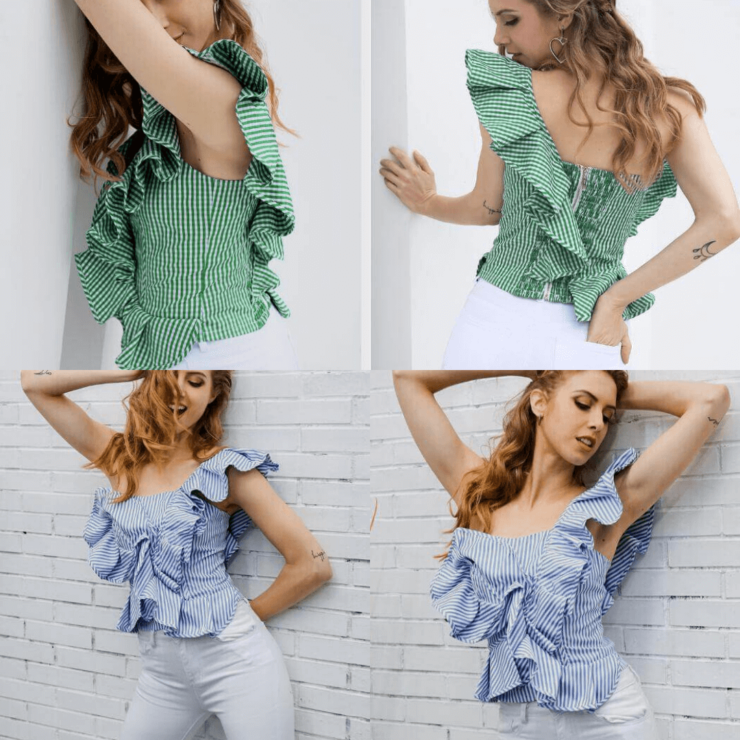 Stripet bluse med én skulder og volang