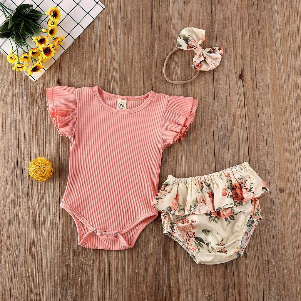Riflet, ribbestrikket, blomstret shortssett