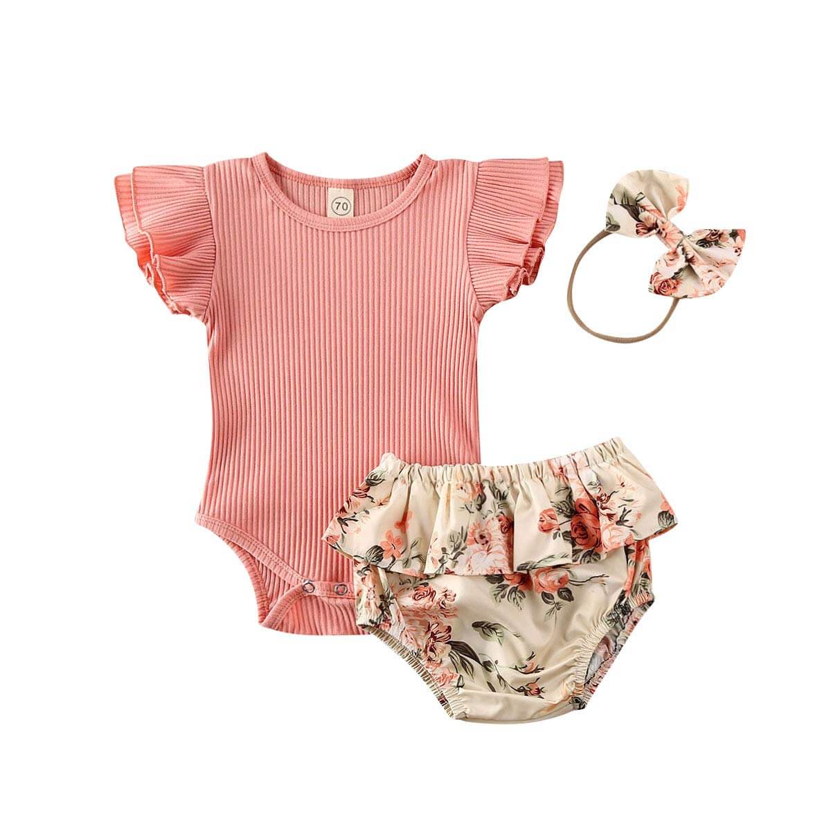 Riflet, ribbestrikket, blomstret shortssett