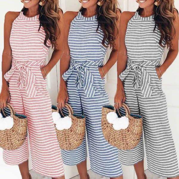 Stripet jumpsuit med vide ben og midjebelte for kvinner